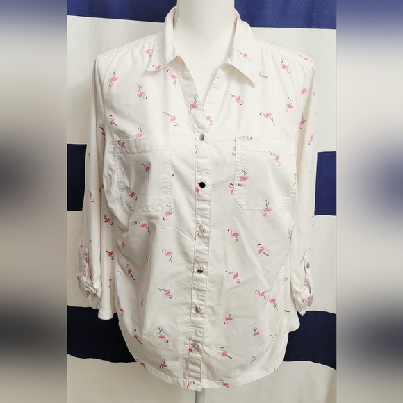 Emily Daniels Tops - Emily Daniels Women's White Flamingo Print Button-Up Shirt  | Size Large